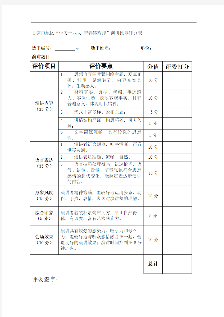 演讲比赛评分表新完整版