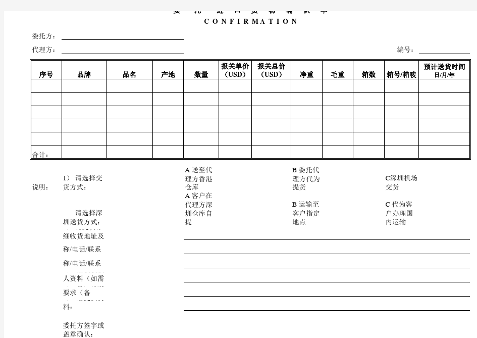 委托进口货物确认单