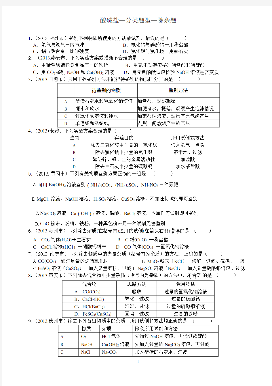 初三化学最新酸碱盐-分类题型-除杂篇