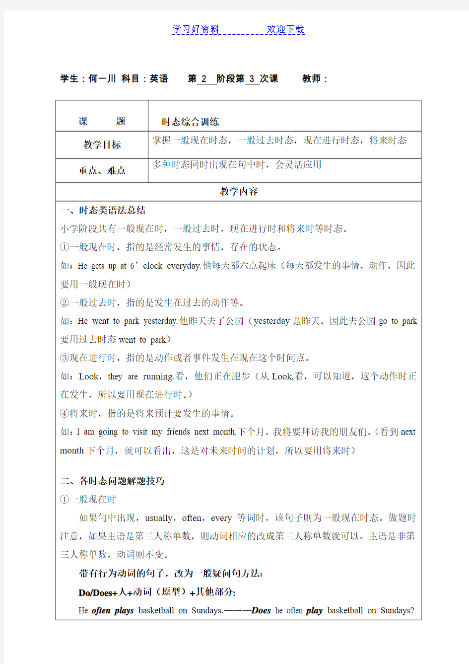 人教版小学英语语法时态总结 一般现在时,一般过去式,现在进行时