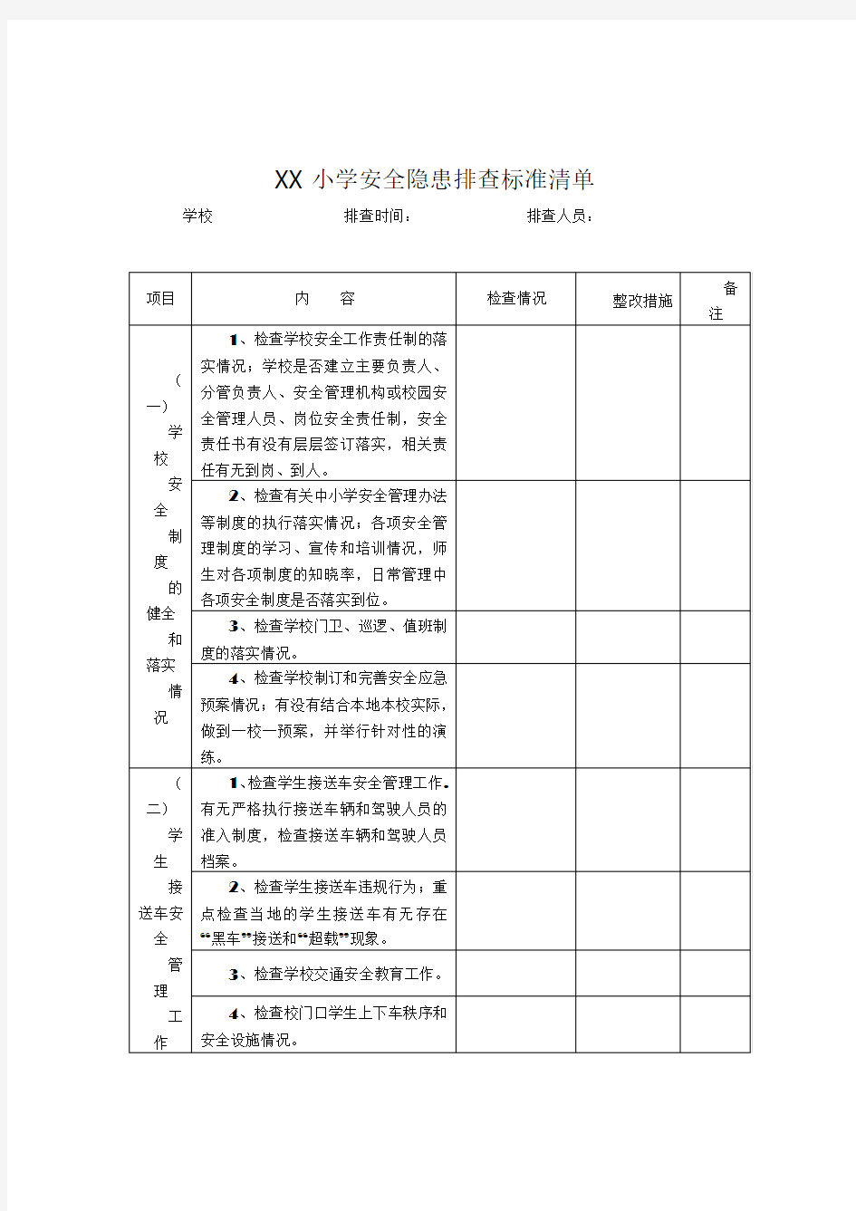 学校安全隐患排查标准清单