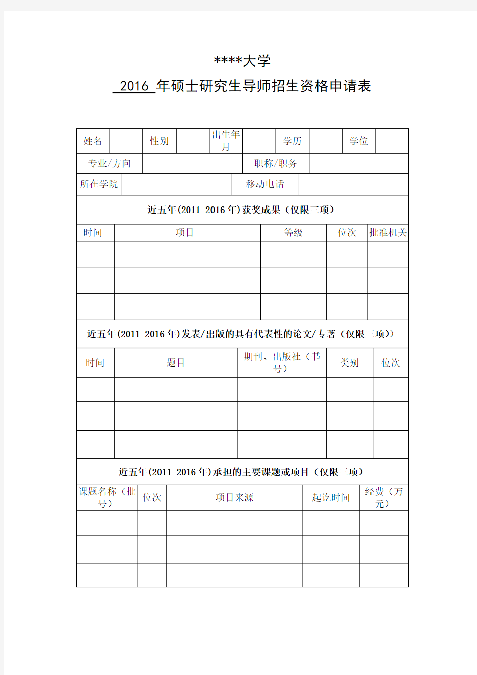 山东财经大学2016年硕士研究生导师招生资格申请表【模板】