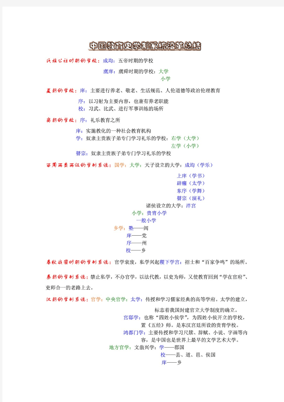 中国教育史【学制】系统归纳图