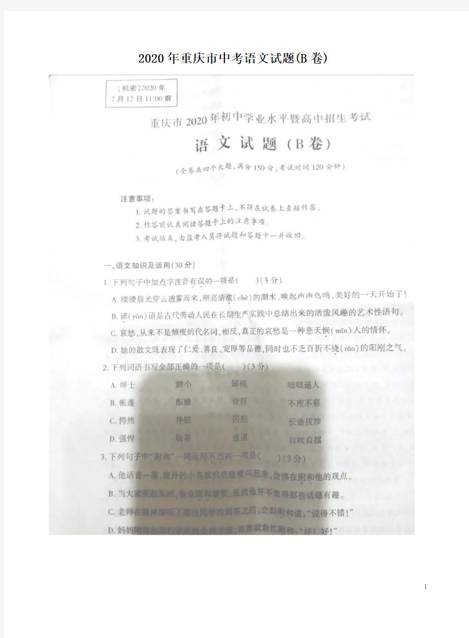 2020年重庆市中考语文试题(B卷)附答案解析