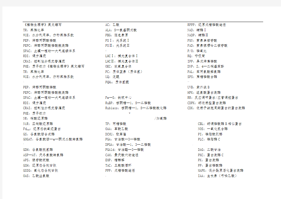 《植物生理学》英文缩写