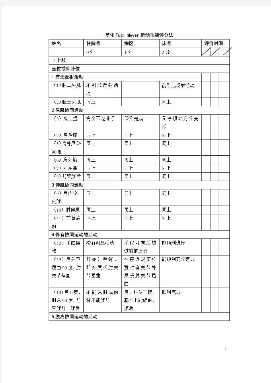 简化Fugl-Meyer评定量表