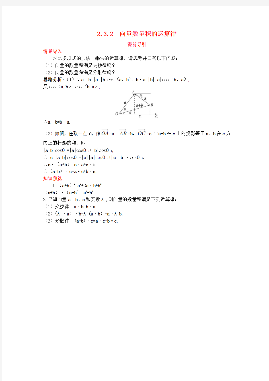 高中数学 第二章 平面向量 2_3 平面向量的数量积 2_3_2 向量数量积的运算律课前导引素材