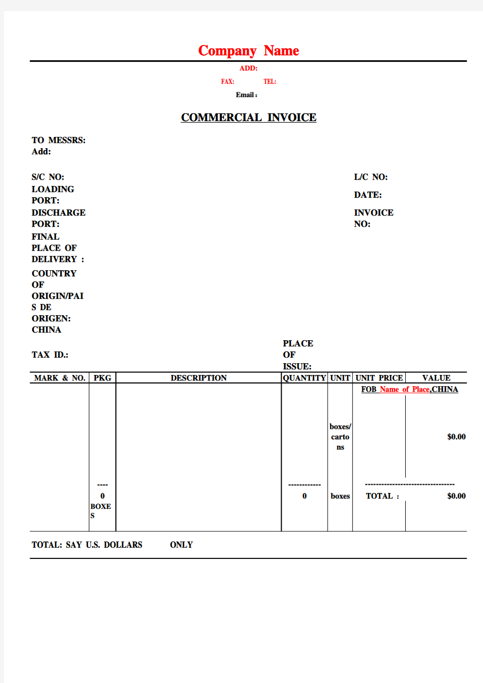 外贸单证商业发票(Commercial Invoice)模板