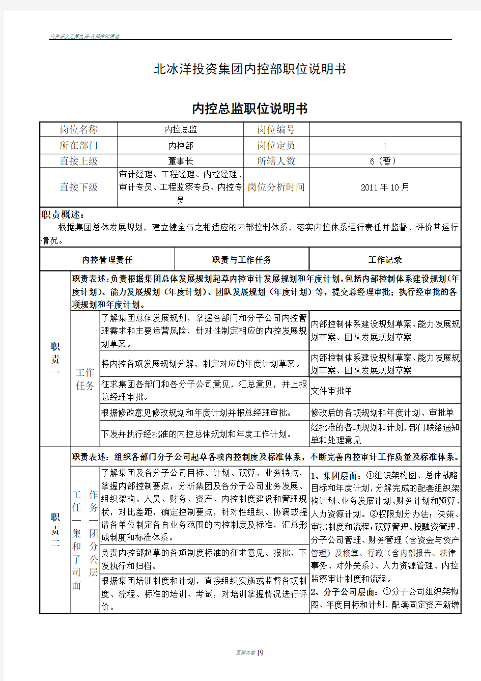 内控部岗位职责说明书