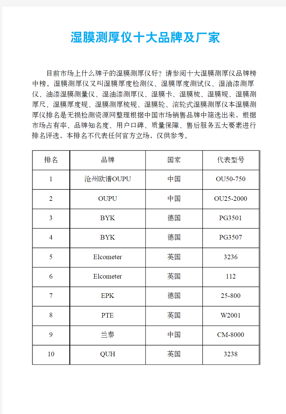 湿膜测厚仪十大品牌及厂家