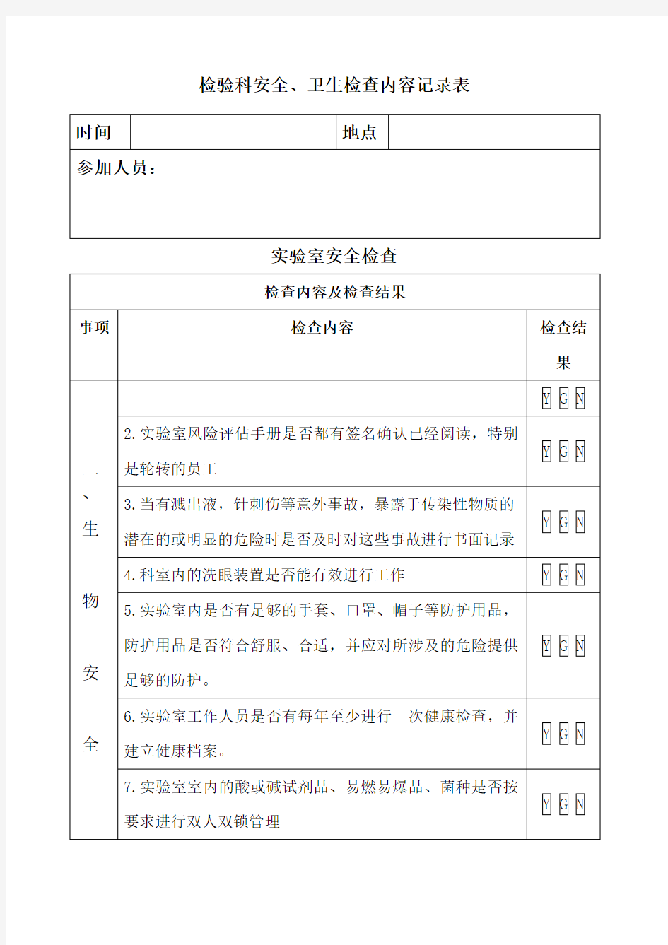 检验科安全卫生检查内容记录表