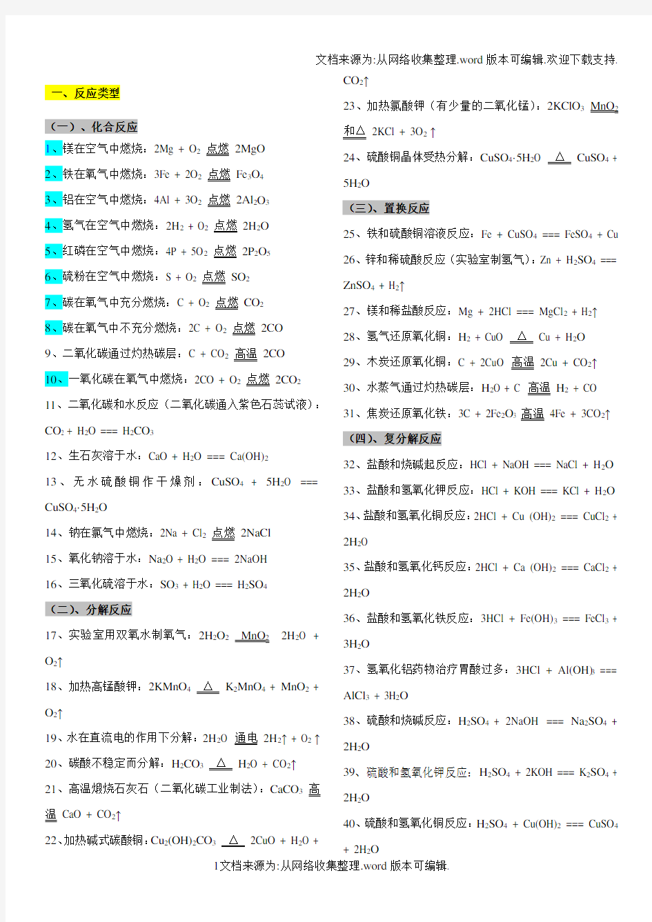 人教版初中化学方程式归类大全