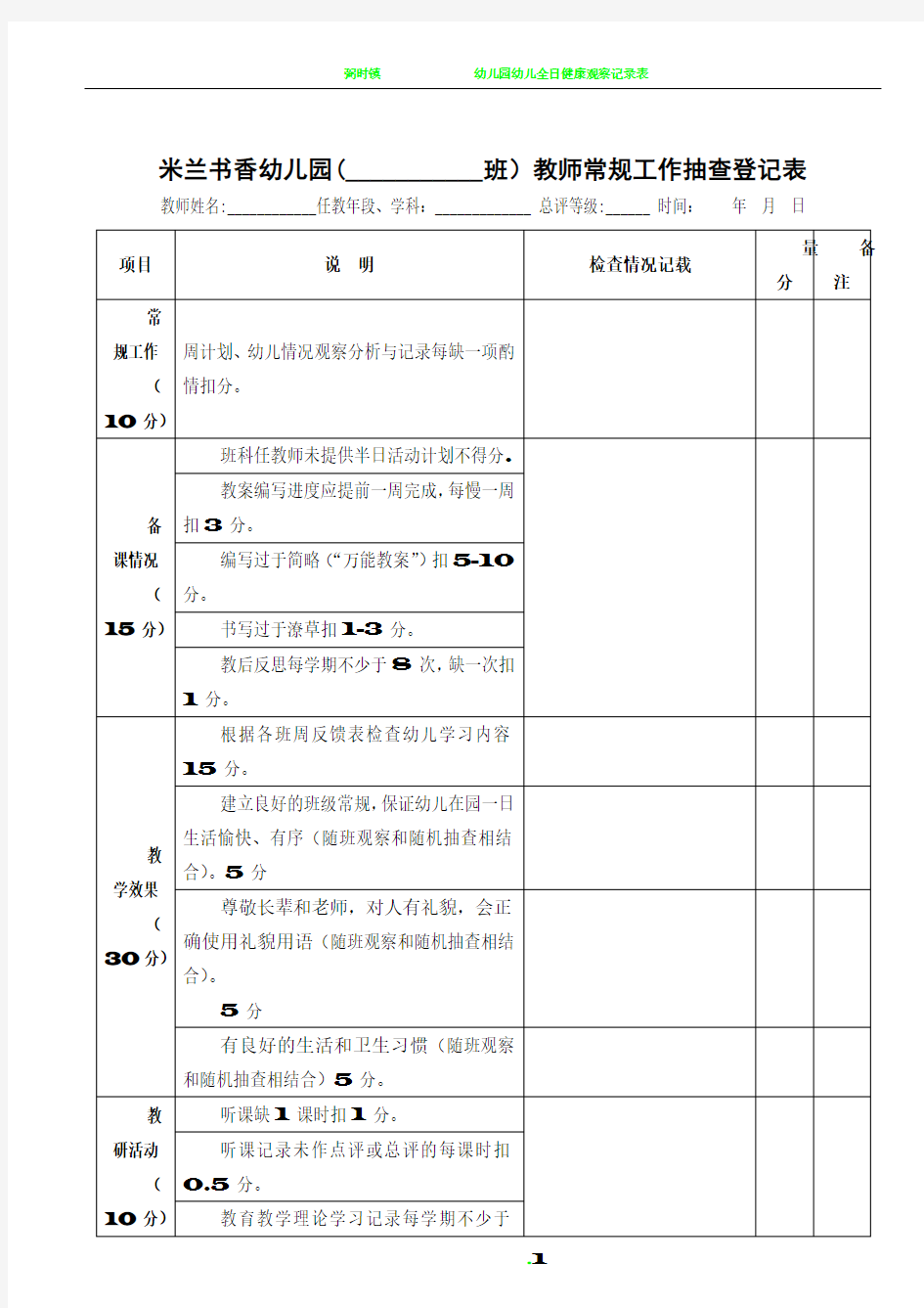 幼儿园常规工作检查表