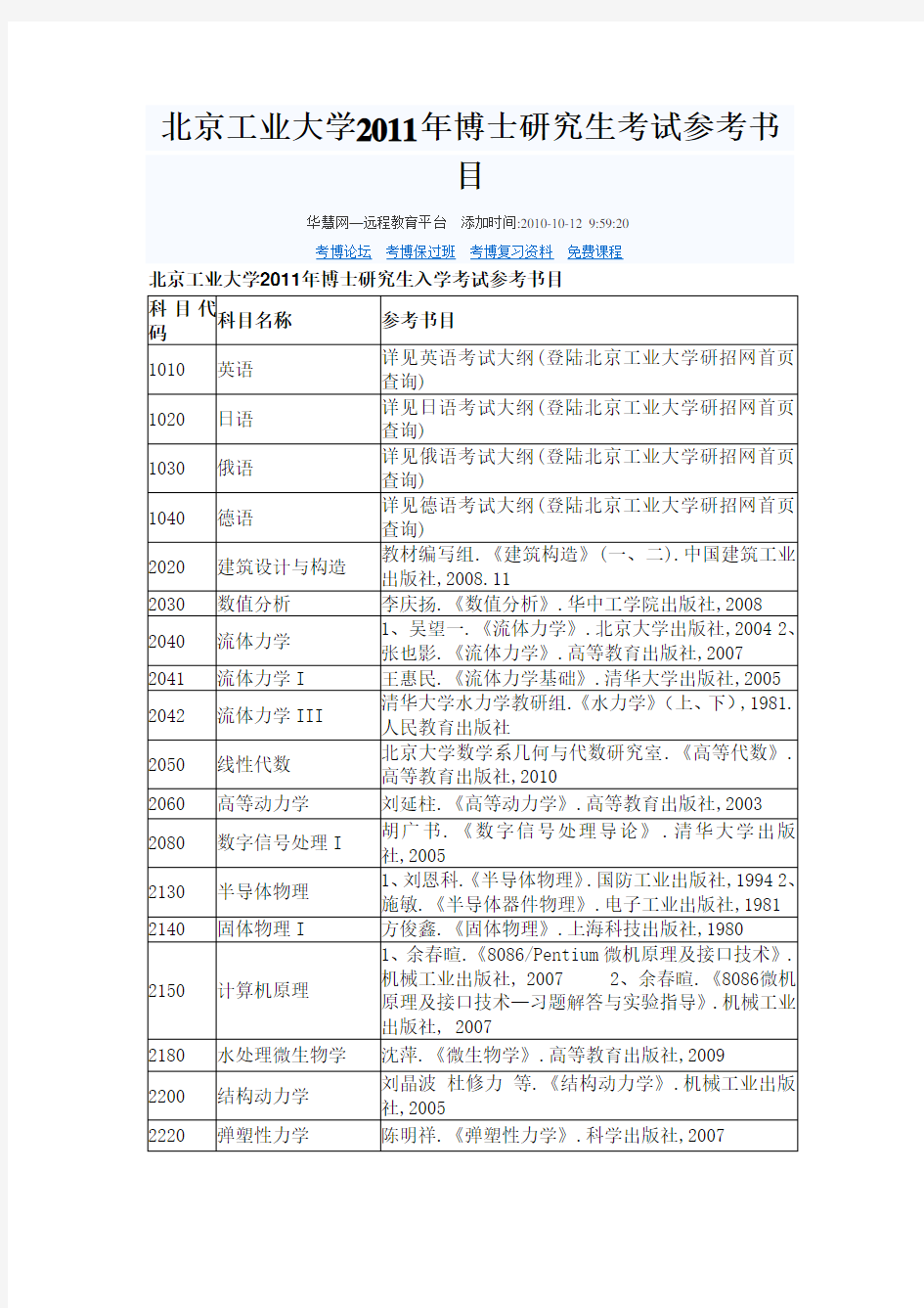 北京工业大学博士研究生考试参考书目