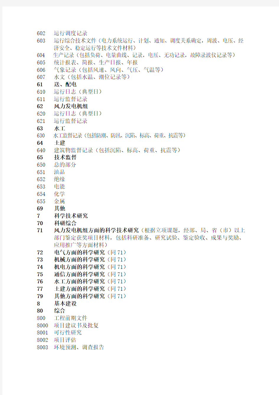 风电企业档案分类表大类