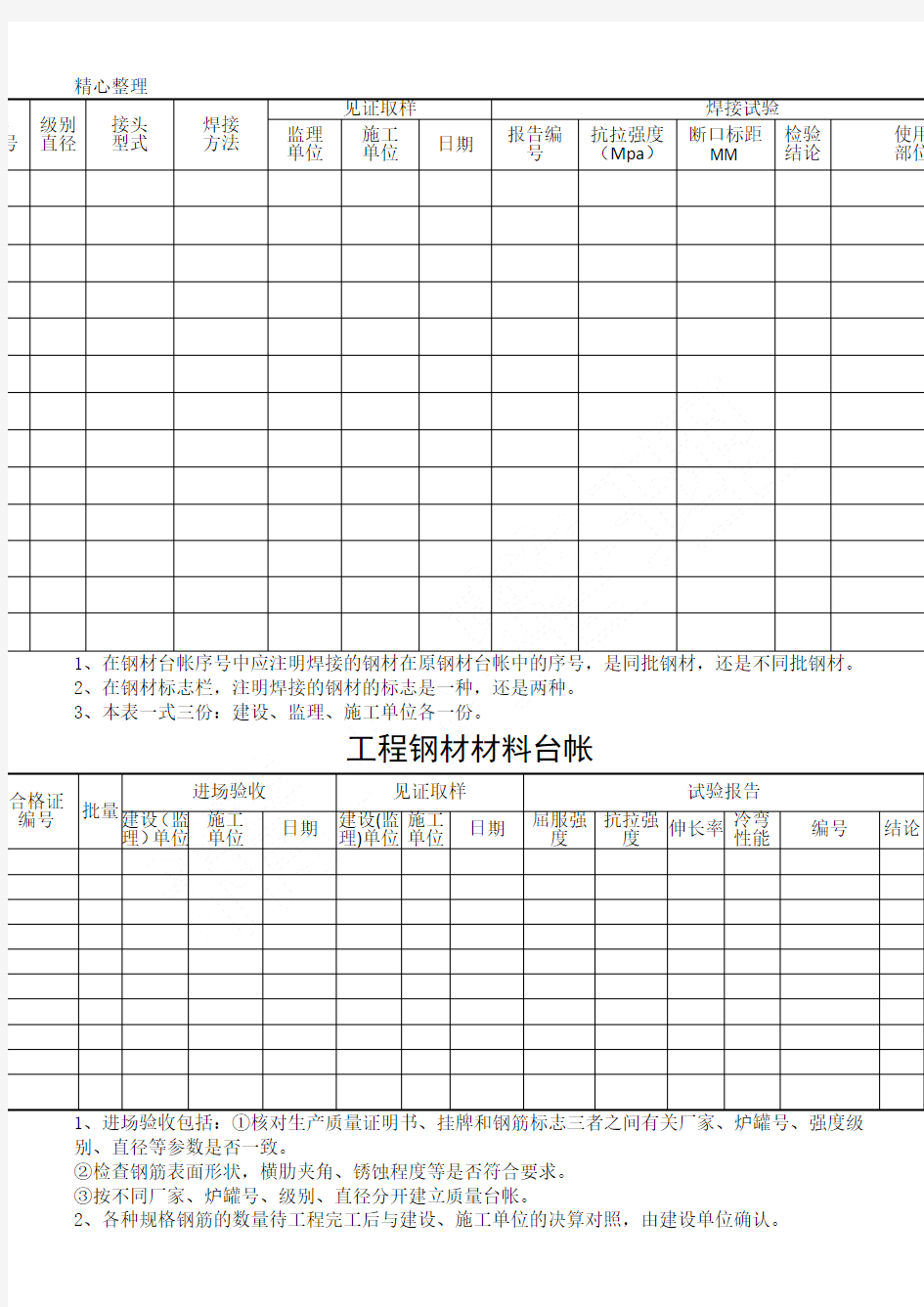 建筑工程各种材料台账样表格模板