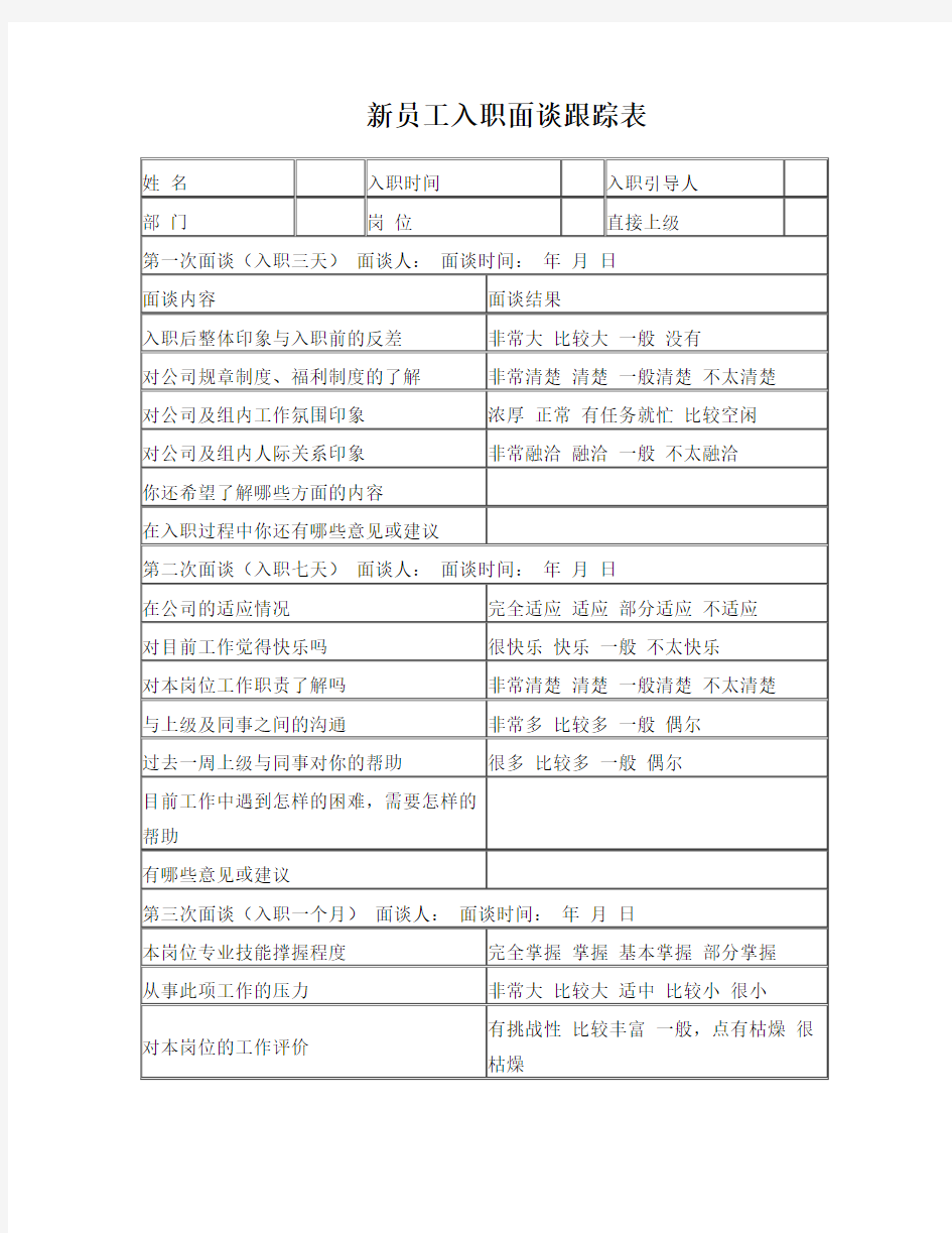 新员工入职面谈跟踪表