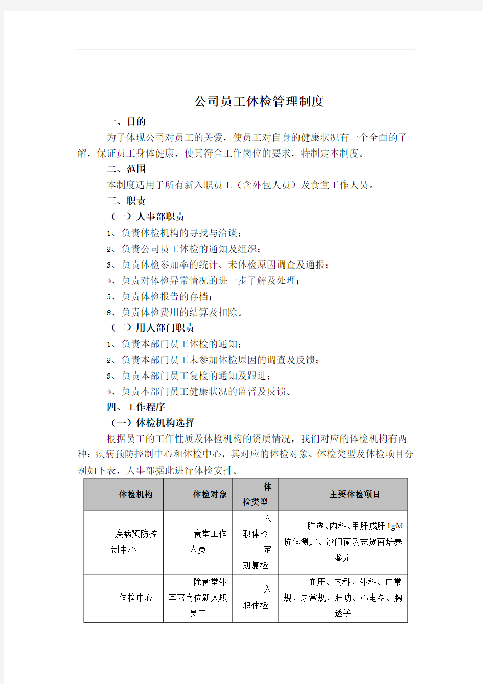 公司员工体检管理制度