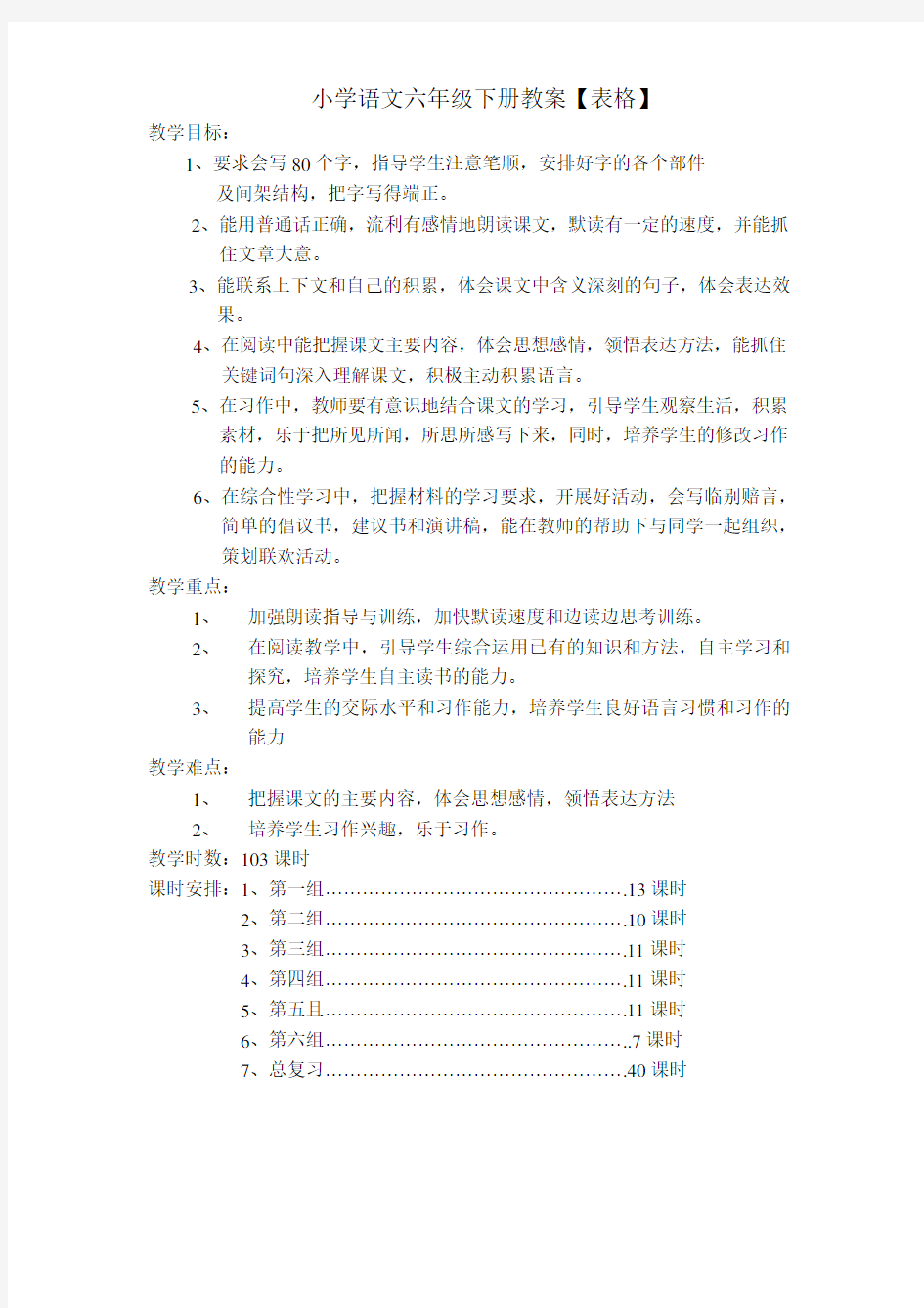 人教版六年级下册语文教案(全册表格式简案)