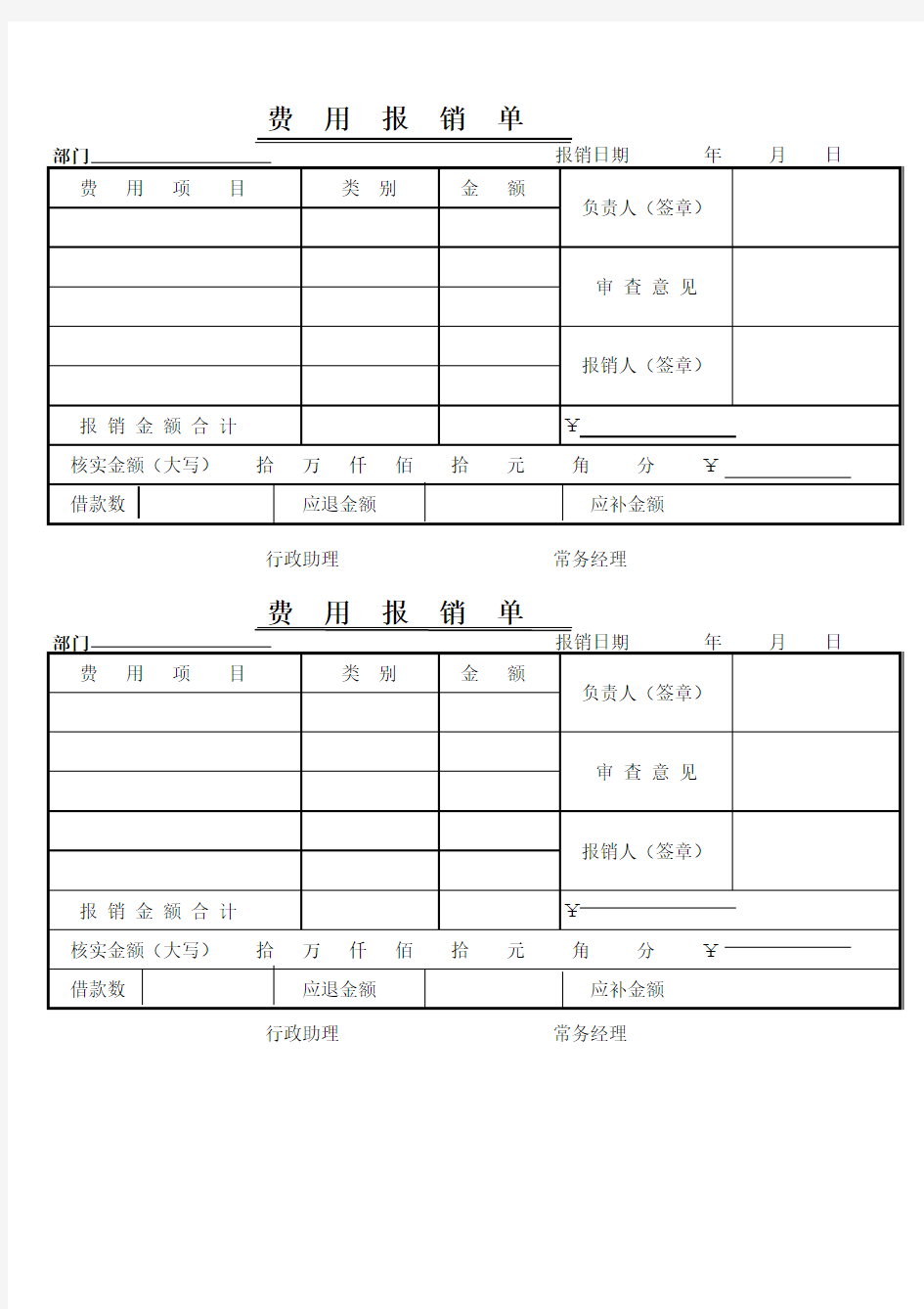 费用报销单模板