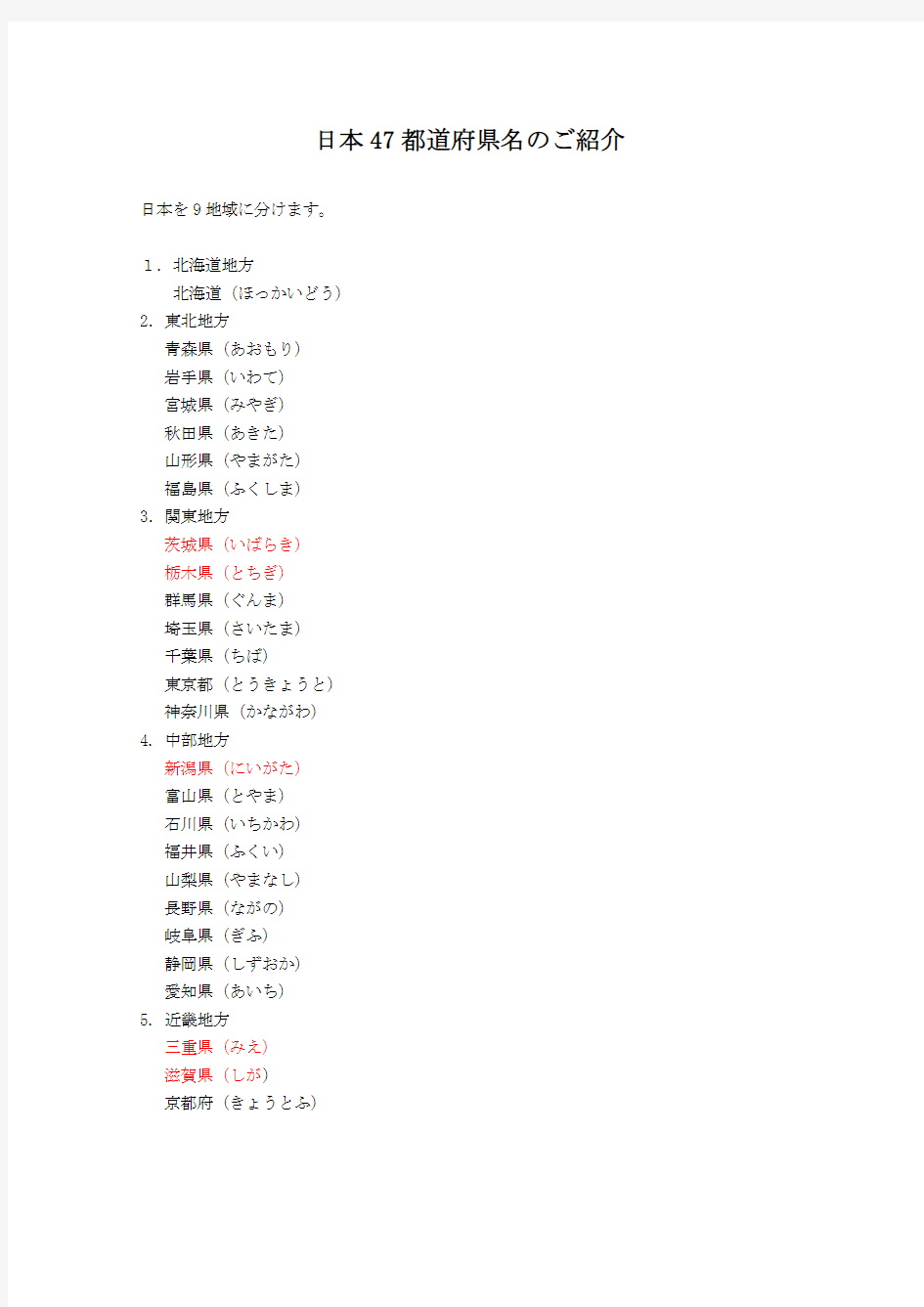 日本的47个都道府县的日语读法