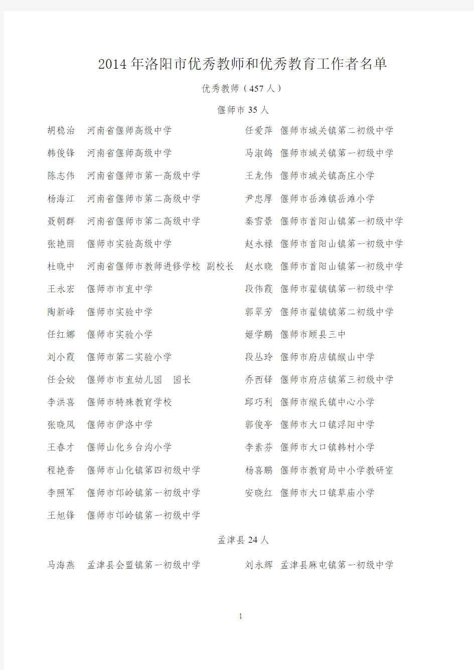 2014年洛阳市优秀教师和优秀教育工作者名单