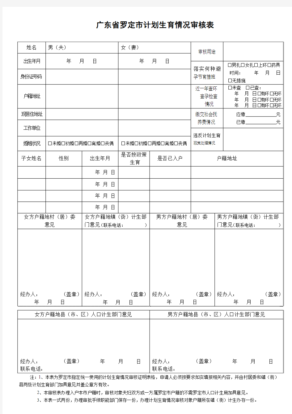 广东省罗定市计划生育情况审核表