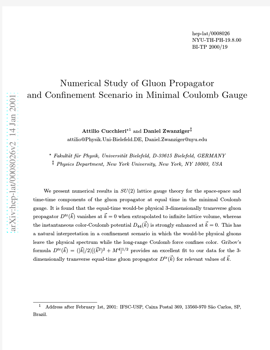 Numerical Study of Gluon Propagator and Confinement Scenario in Minimal Coulomb Gauge