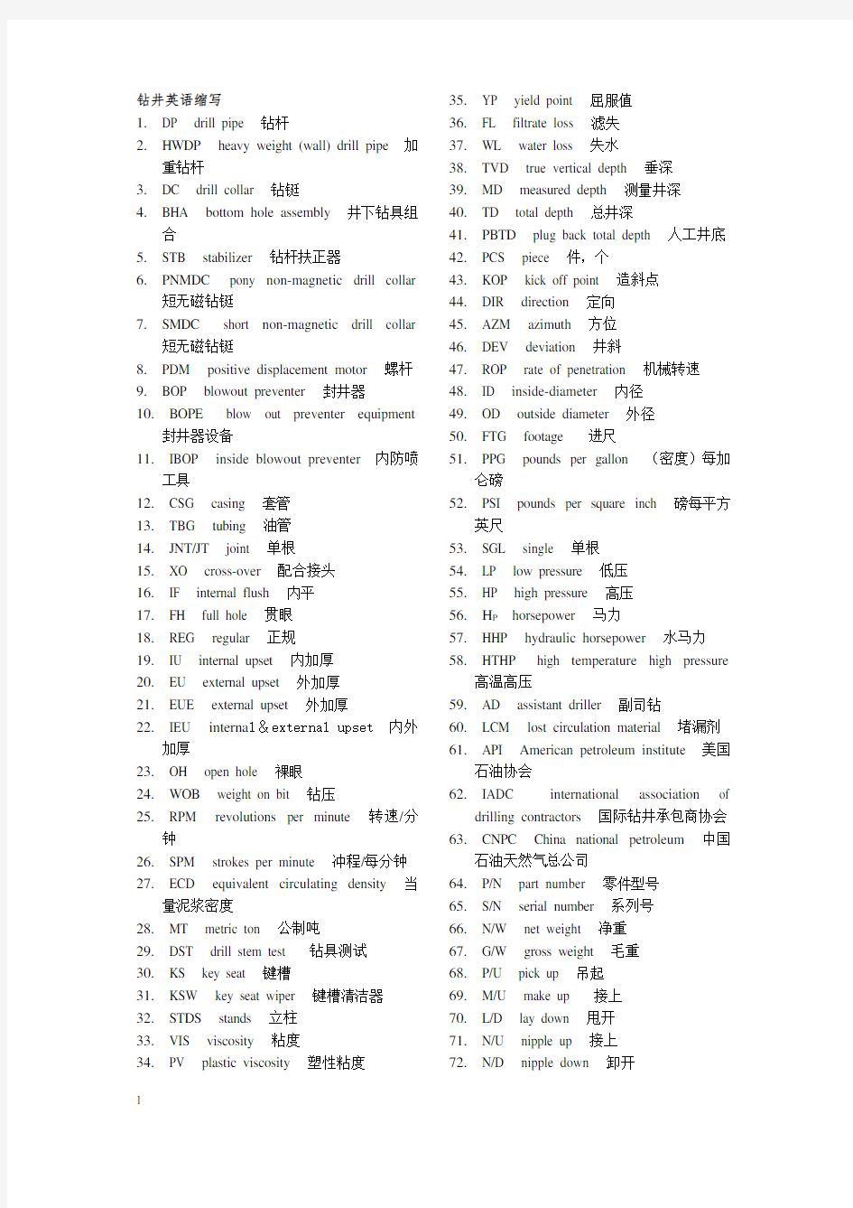 常用钻井工具英文缩写