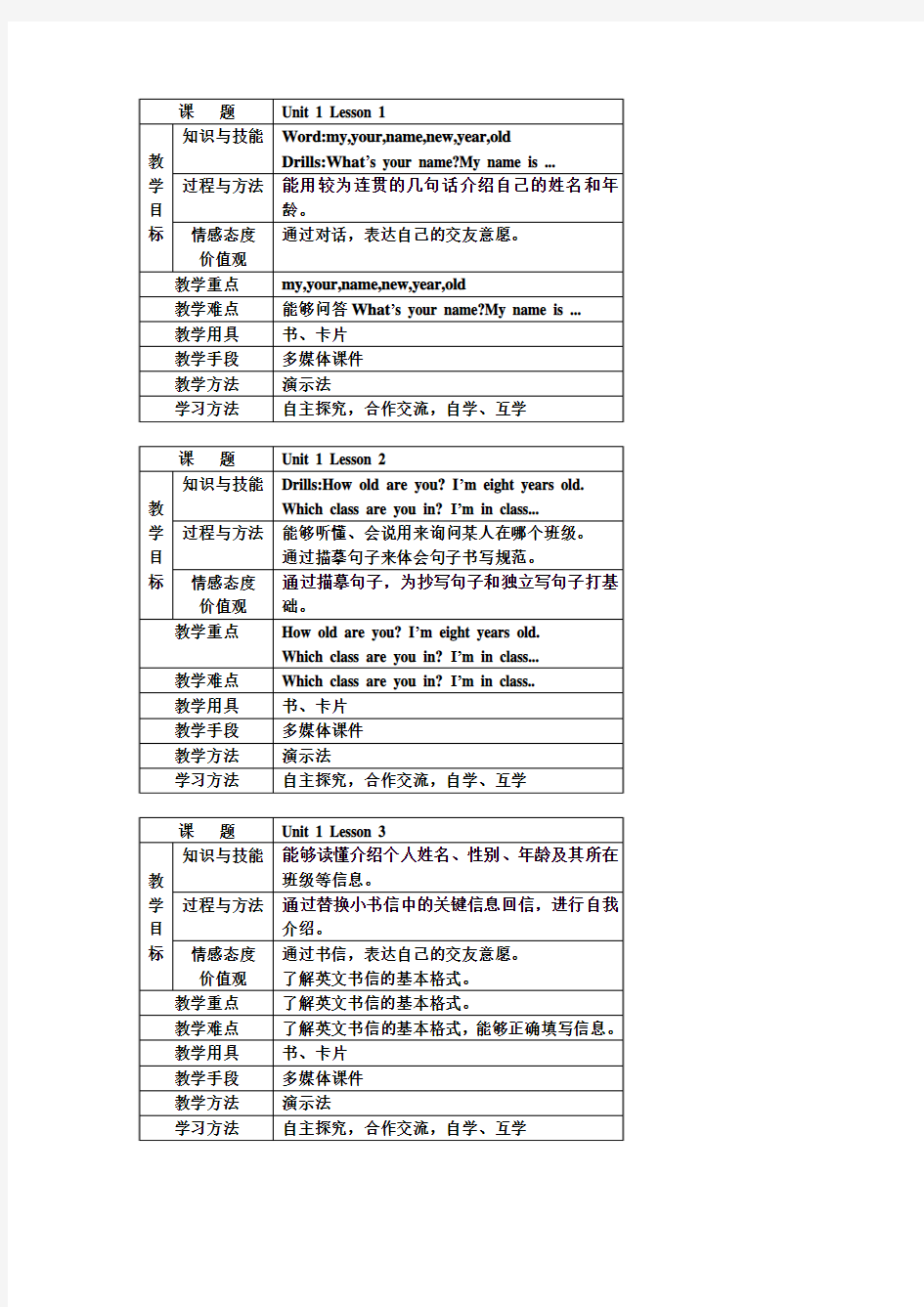 人教版三年级上册英语教学目标