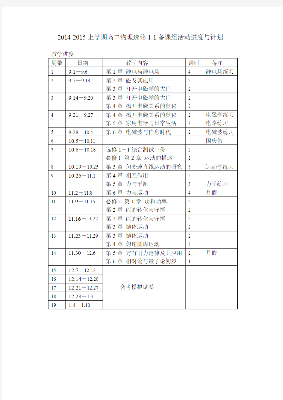 选修1-1教学计划