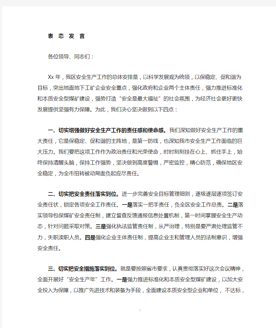 全市安全生产工作会议表态发言