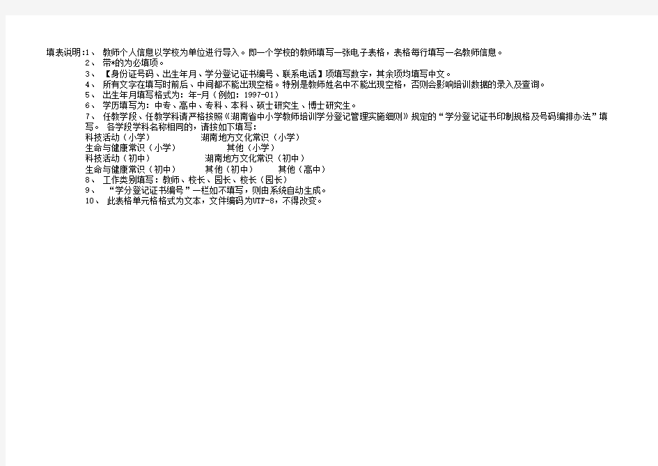 湖南省中小学教师培训学分登记系统教师个人基本信息导入表
