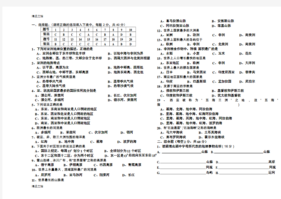 最新人教版七年级下册地理期中考试试卷及答案