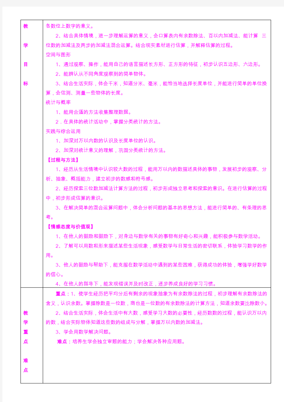 小学二年级数学下册单元备课