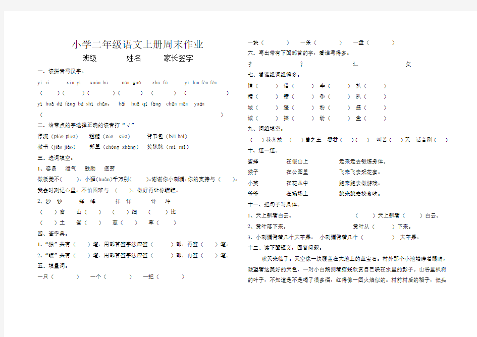 小学二年级语文上册周末作业