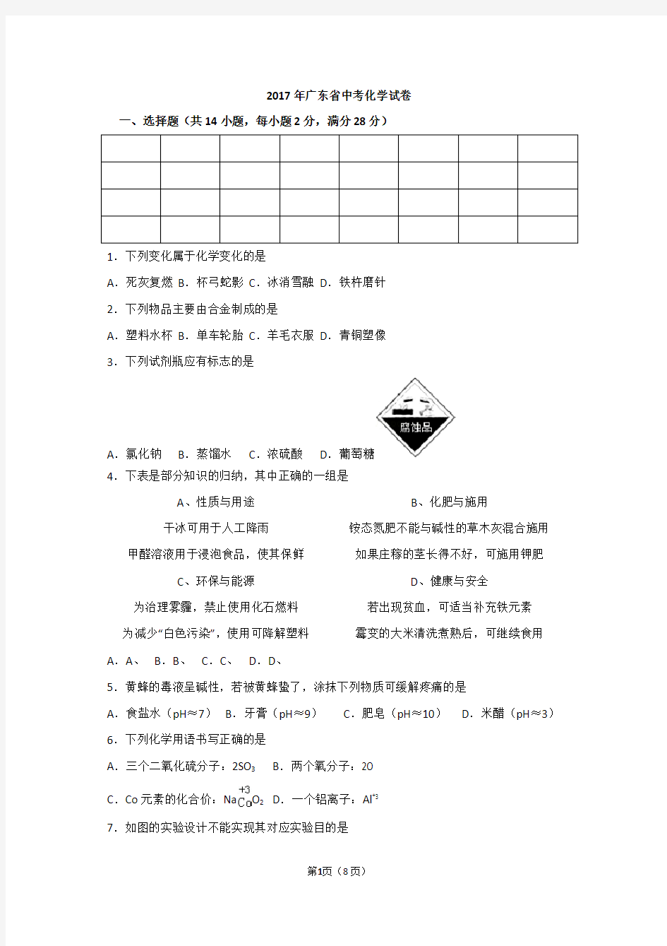 2017年广东省中考化学试卷及解析