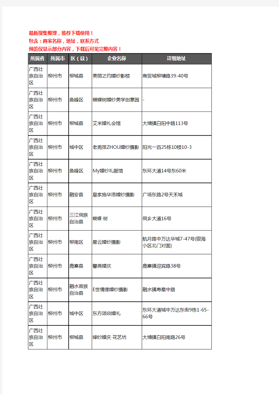 新版广西壮族自治区柳州市婚庆公司企业公司商家户名录单联系方式地址大全141家