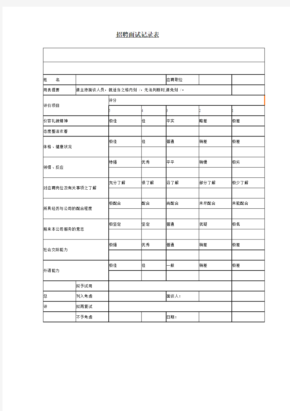 招聘面试记录表