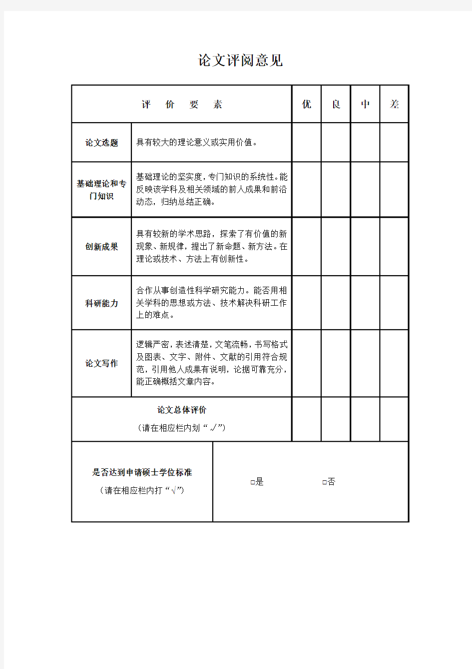 硕士学位论文盲审评阅书【模板】