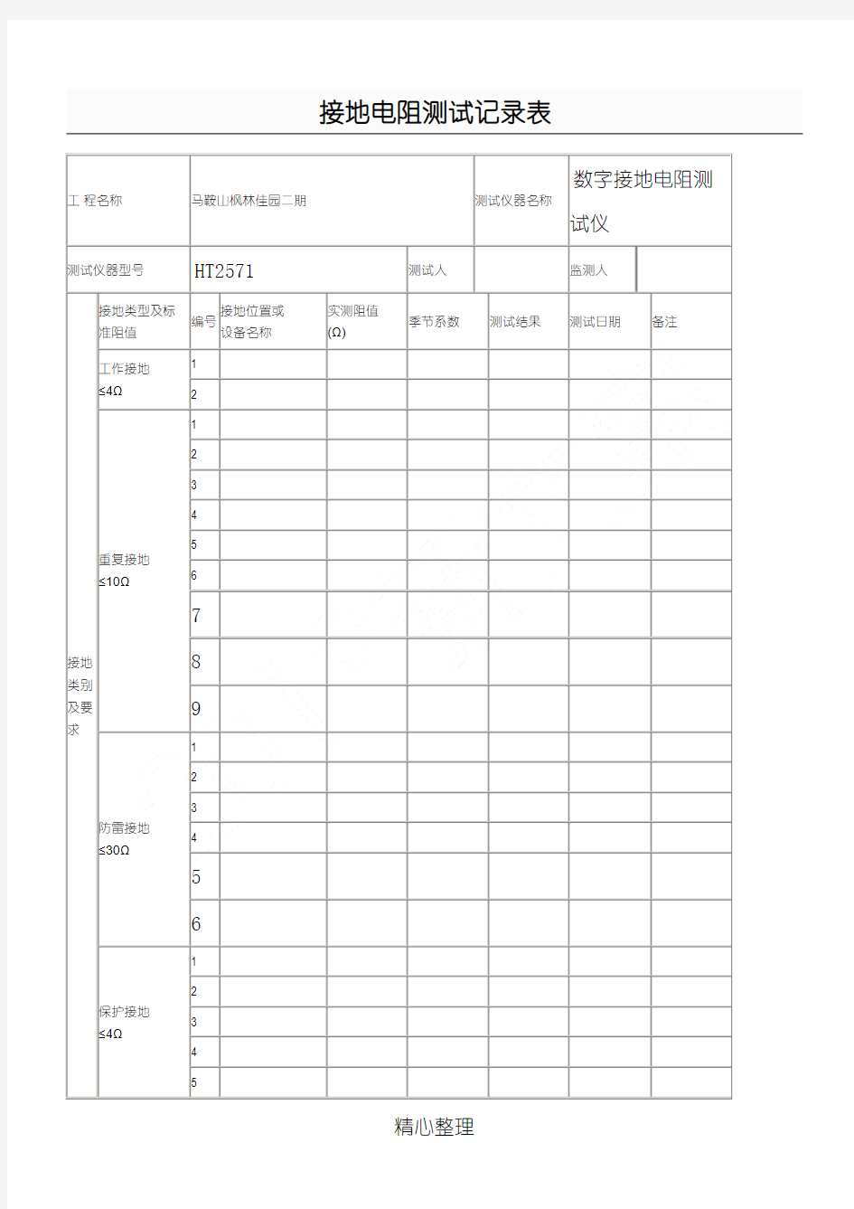 接地电阻测试记录表格模板及接地电阻测试记录表格模板填写办法