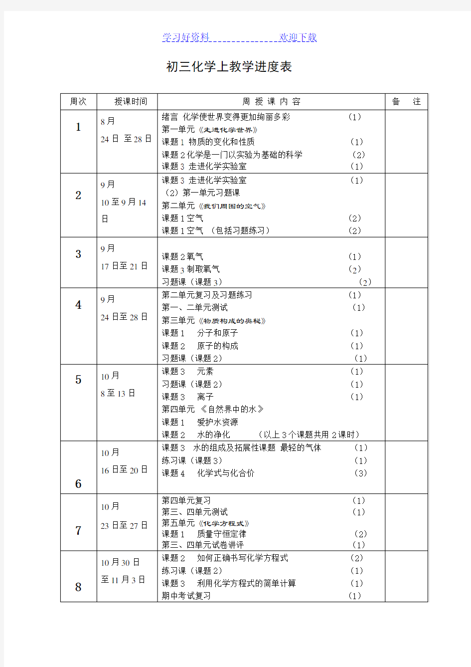 初三化学教学进度表