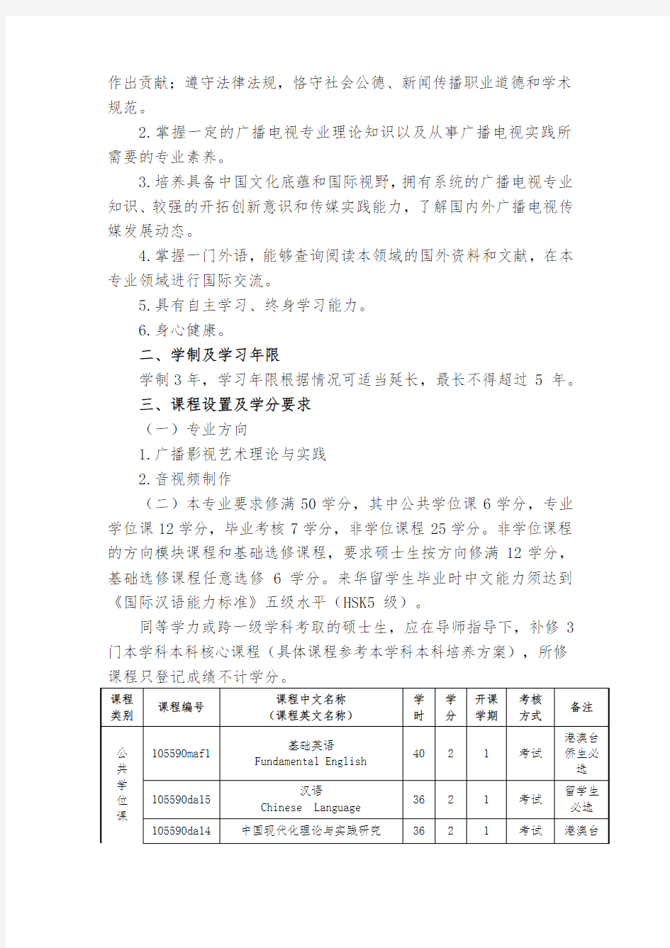 艺术硕士广播电视专业学位研究生培养方案外招