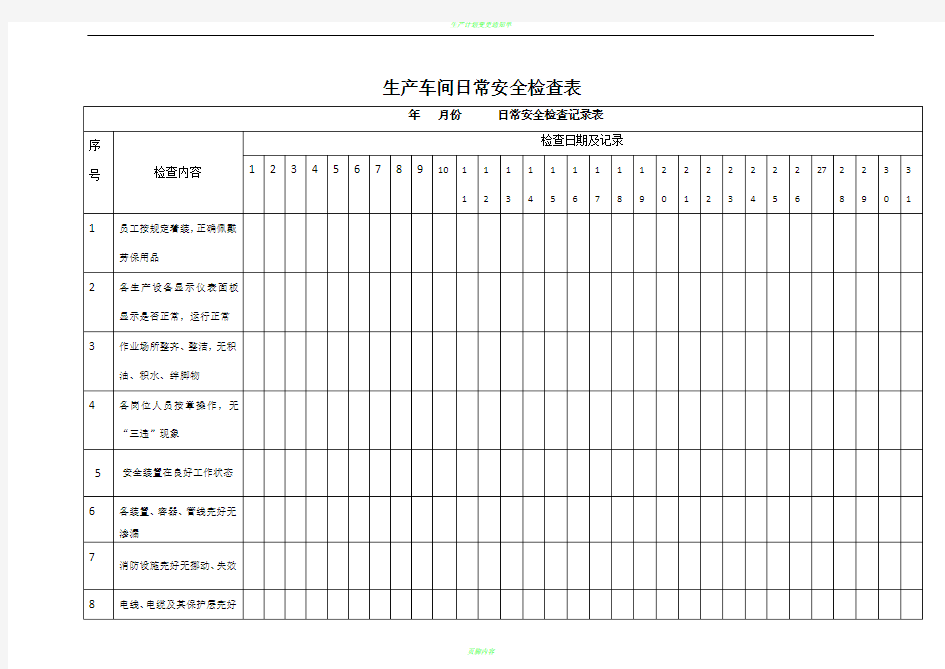 生产车间日常安全检查表