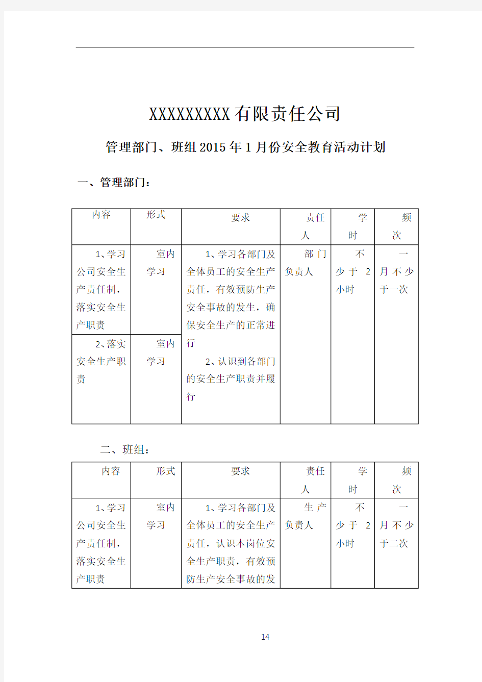 2018年管理部门、班组月度安全活动计划