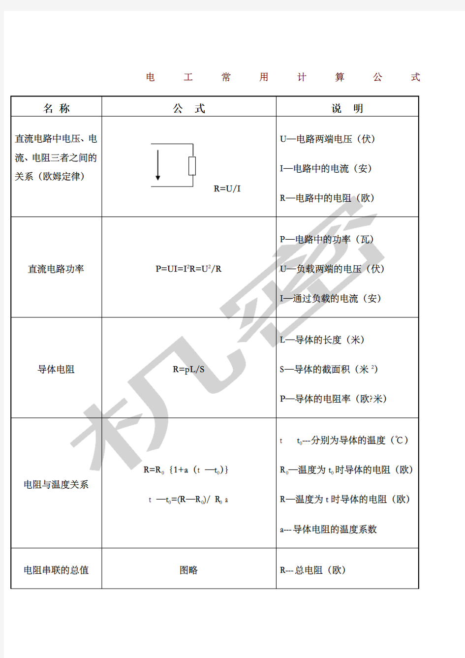 电工常用计算公式