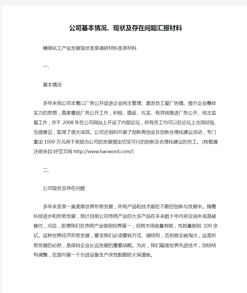 公司基本情况、现状及存在问题汇报材料