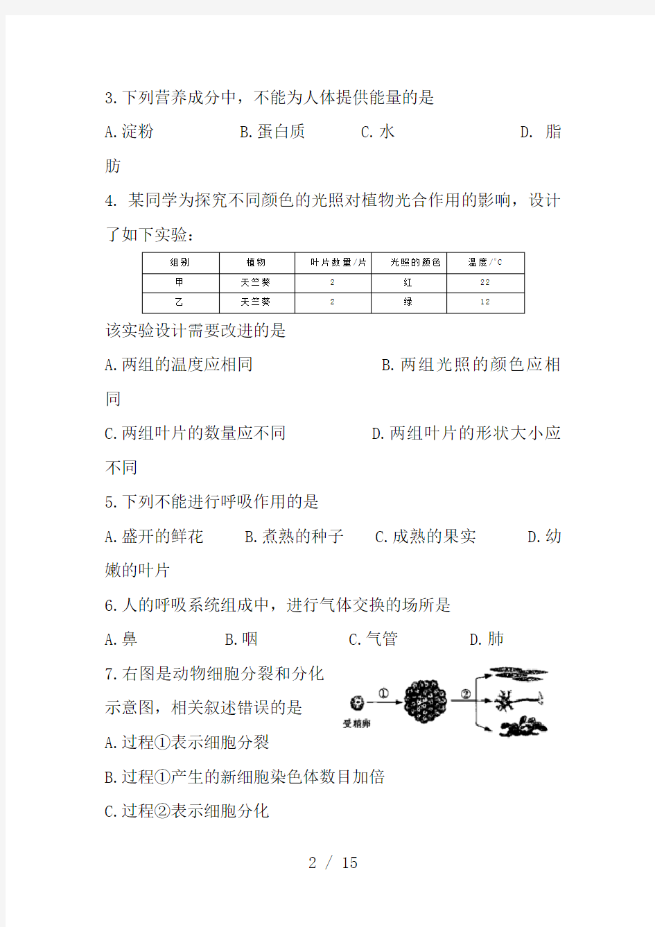 2018届江苏省南通市初中学业水平测试生物试题(WORD版-含答案)