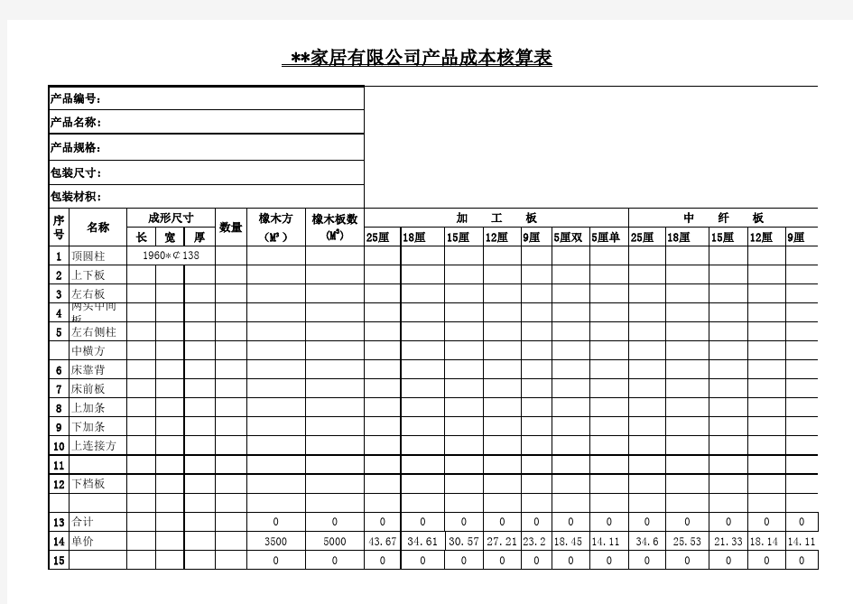 定制家具用料成本核算单