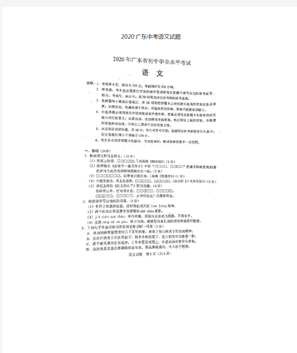 2020广东中考语文试题(含答案)